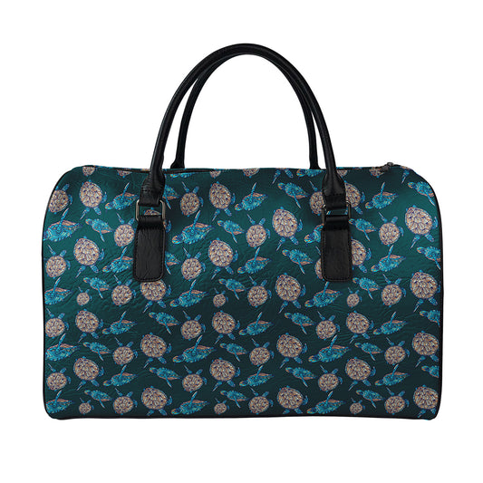 Blue Sea Turtle Pattern Print Leather Duffle Bag