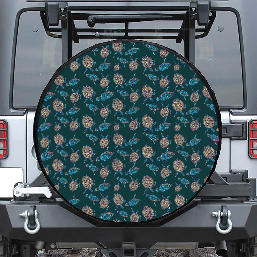 Blue Sea Turtle Pattern Print Leather Spare Tire Cover