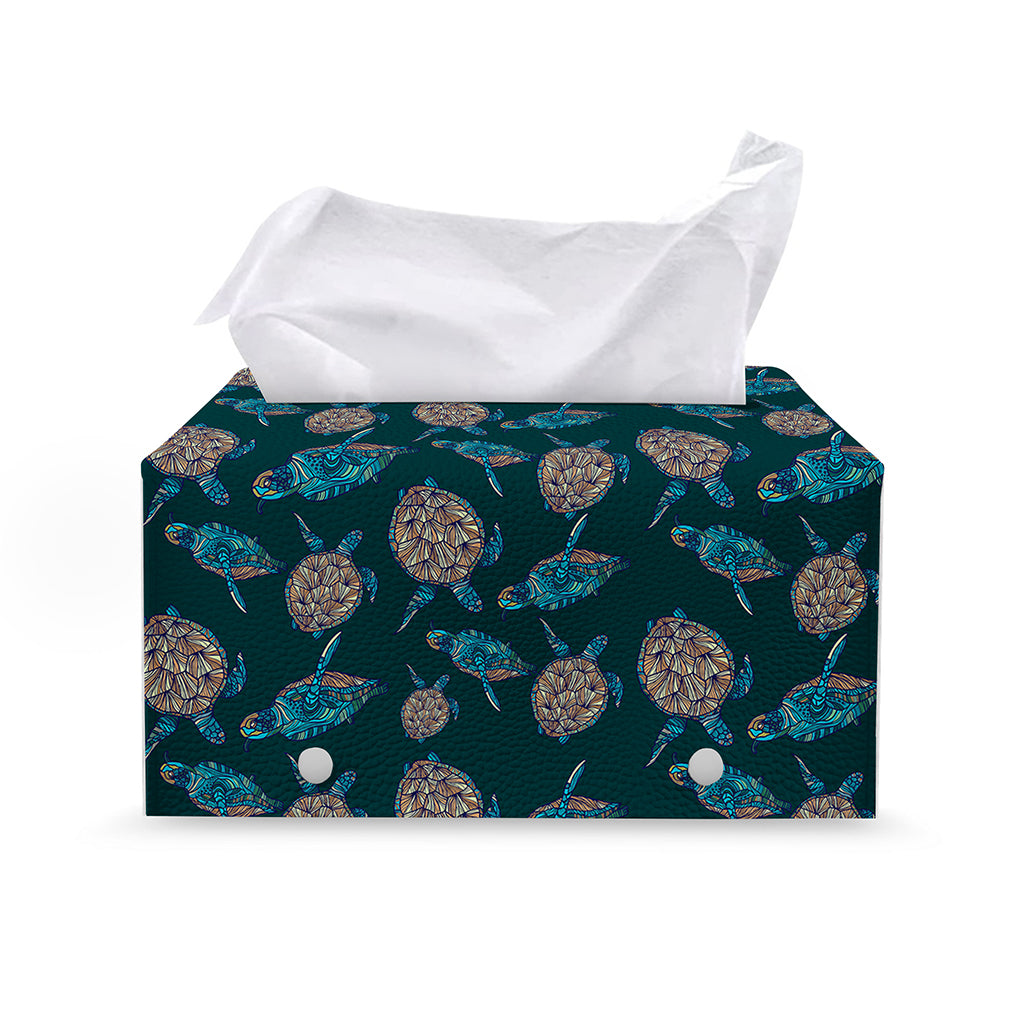 Blue Sea Turtle Pattern Print Leather Tissue Box Cover