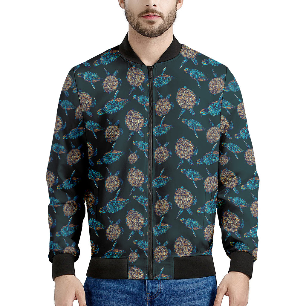 Blue Sea Turtle Pattern Print Men's Bomber Jacket