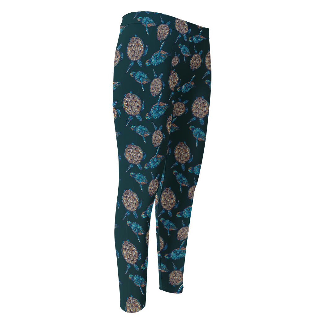 Blue Sea Turtle Pattern Print Men's Compression Pants