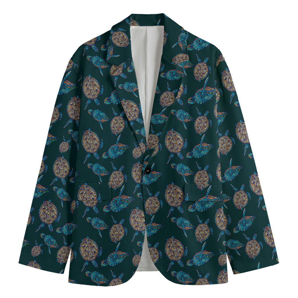 Blue Sea Turtle Pattern Print Men's Cotton Blazer