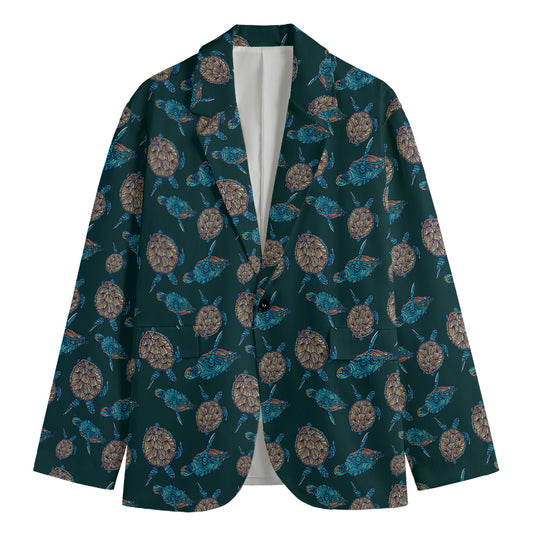 Blue Sea Turtle Pattern Print Men's Cotton Blazer