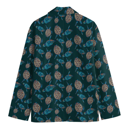 Blue Sea Turtle Pattern Print Men's Cotton Blazer