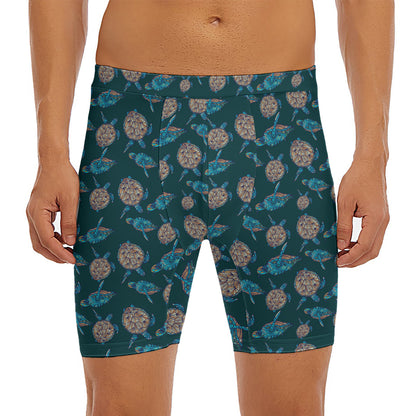 Blue Sea Turtle Pattern Print Men's Long Boxer Briefs