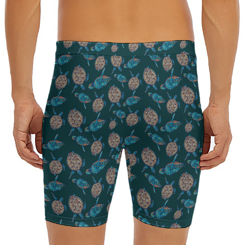 Blue Sea Turtle Pattern Print Men's Long Boxer Briefs