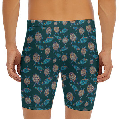 Blue Sea Turtle Pattern Print Men's Long Boxer Briefs
