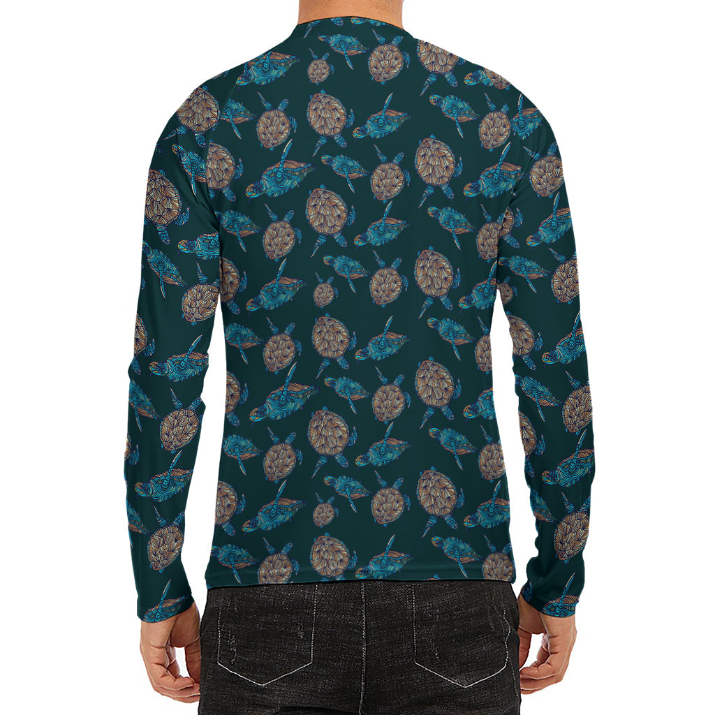 Blue Sea Turtle Pattern Print Men's Long Sleeve Rash Guard