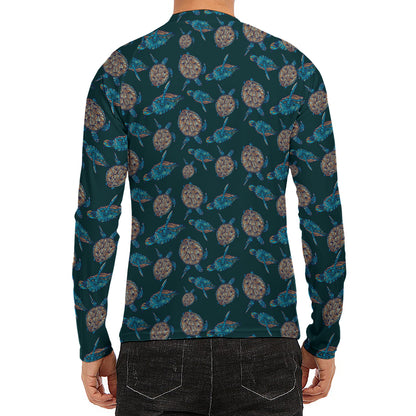 Blue Sea Turtle Pattern Print Men's Long Sleeve Rash Guard