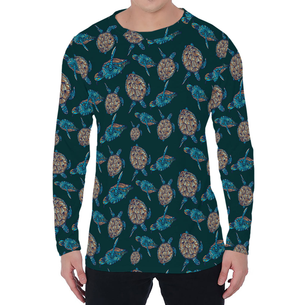 Blue Sea Turtle Pattern Print Men's Long Sleeve T-Shirt