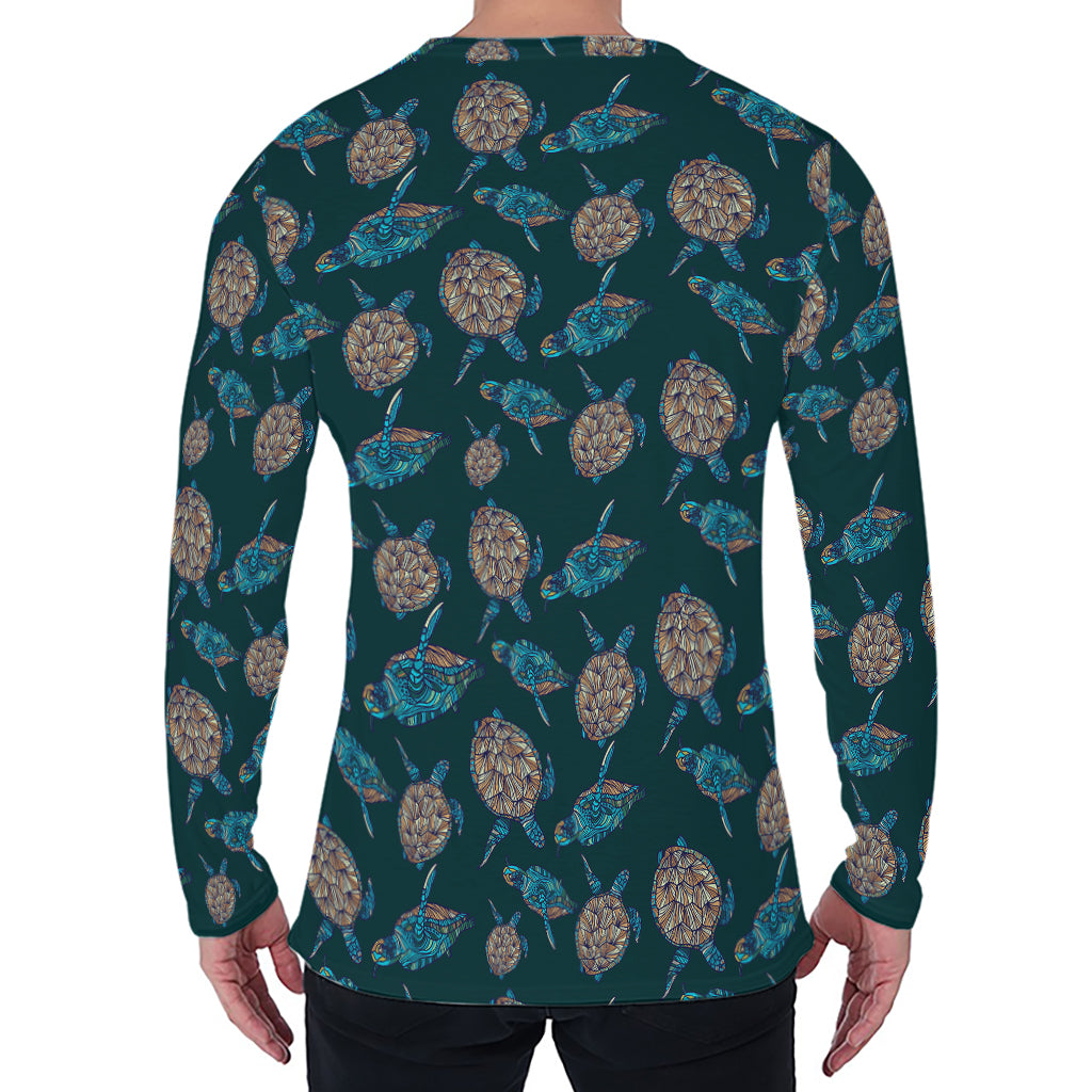 Blue Sea Turtle Pattern Print Men's Long Sleeve T-Shirt