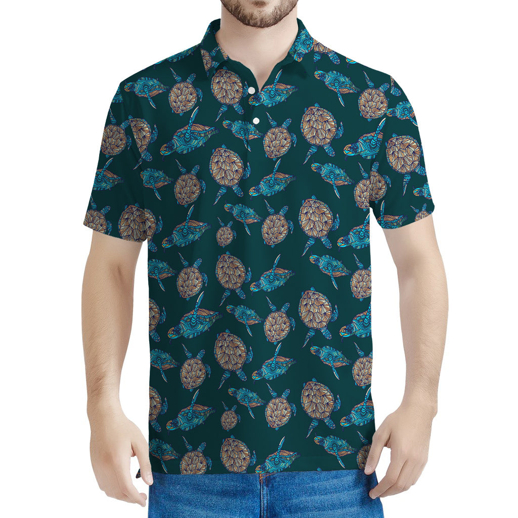 Blue Sea Turtle Pattern Print Men's Polo Shirt