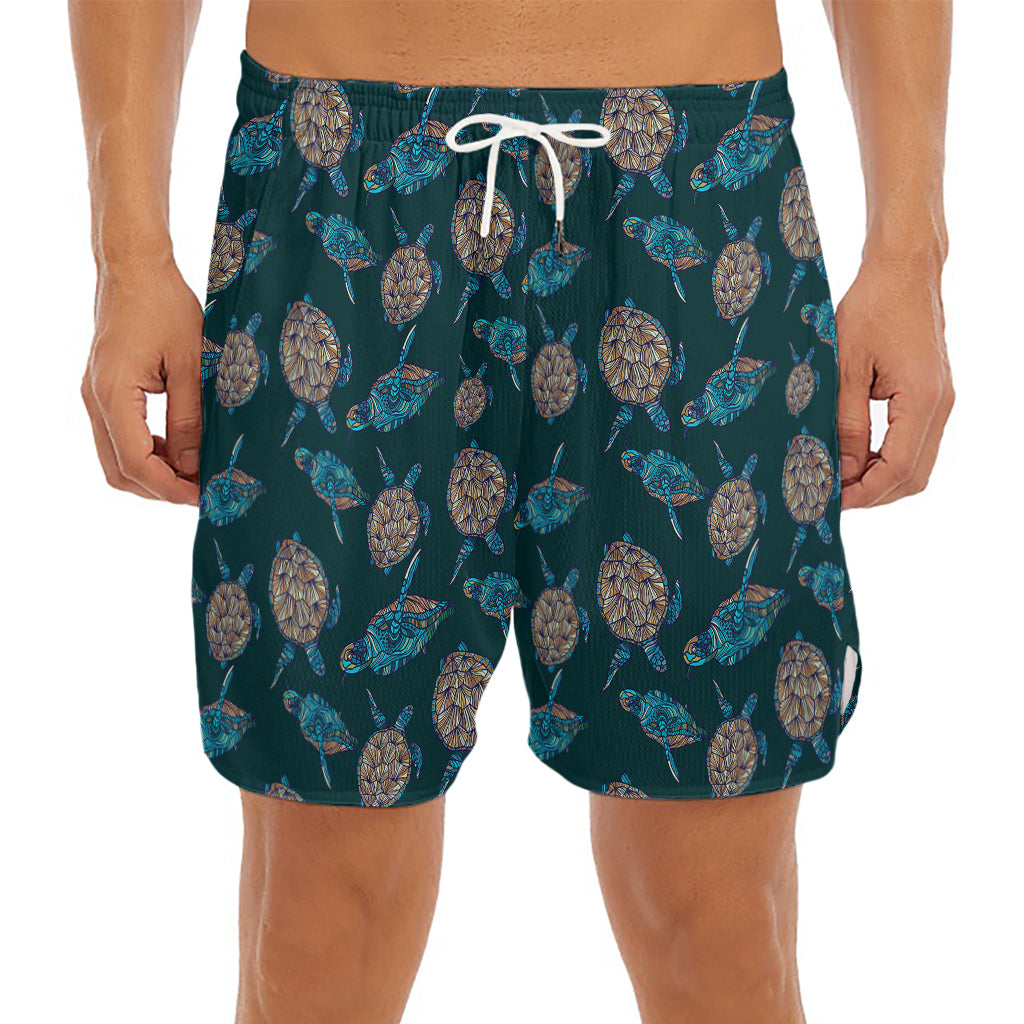 Blue Sea Turtle Pattern Print Men's Split Running Shorts