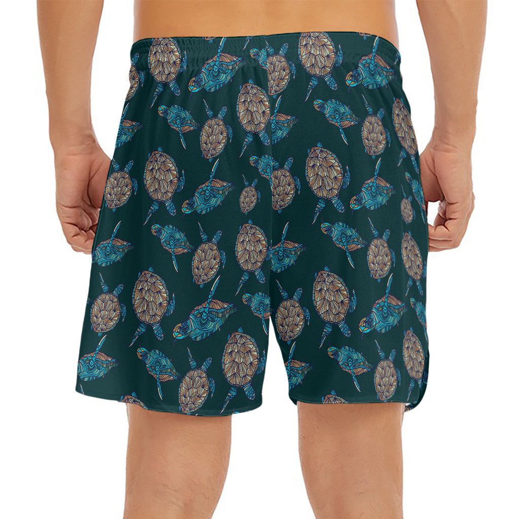 Blue Sea Turtle Pattern Print Men's Split Running Shorts