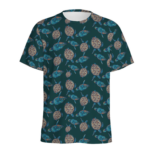 Blue Sea Turtle Pattern Print Men's Sports T-Shirt