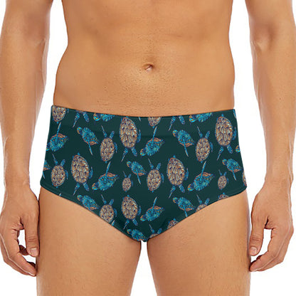 Blue Sea Turtle Pattern Print Men's Triangle Swim Briefs