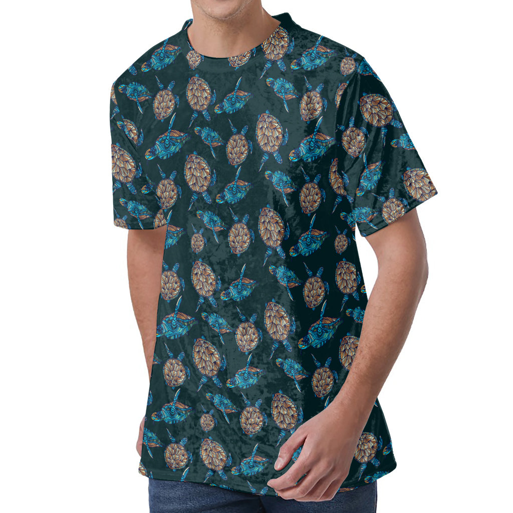 Blue Sea Turtle Pattern Print Men's Velvet T-Shirt