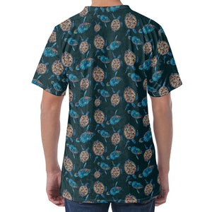 Blue Sea Turtle Pattern Print Men's Velvet T-Shirt