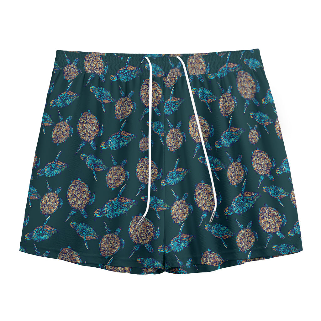 Blue Sea Turtle Pattern Print Mesh Shorts