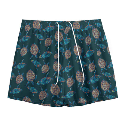 Blue Sea Turtle Pattern Print Mesh Shorts