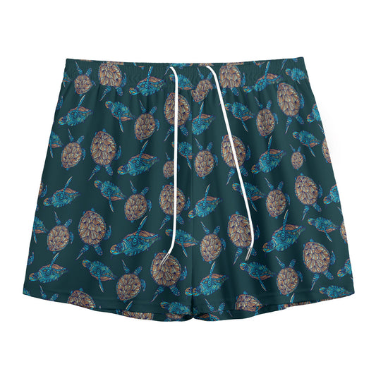 Blue Sea Turtle Pattern Print Mesh Shorts