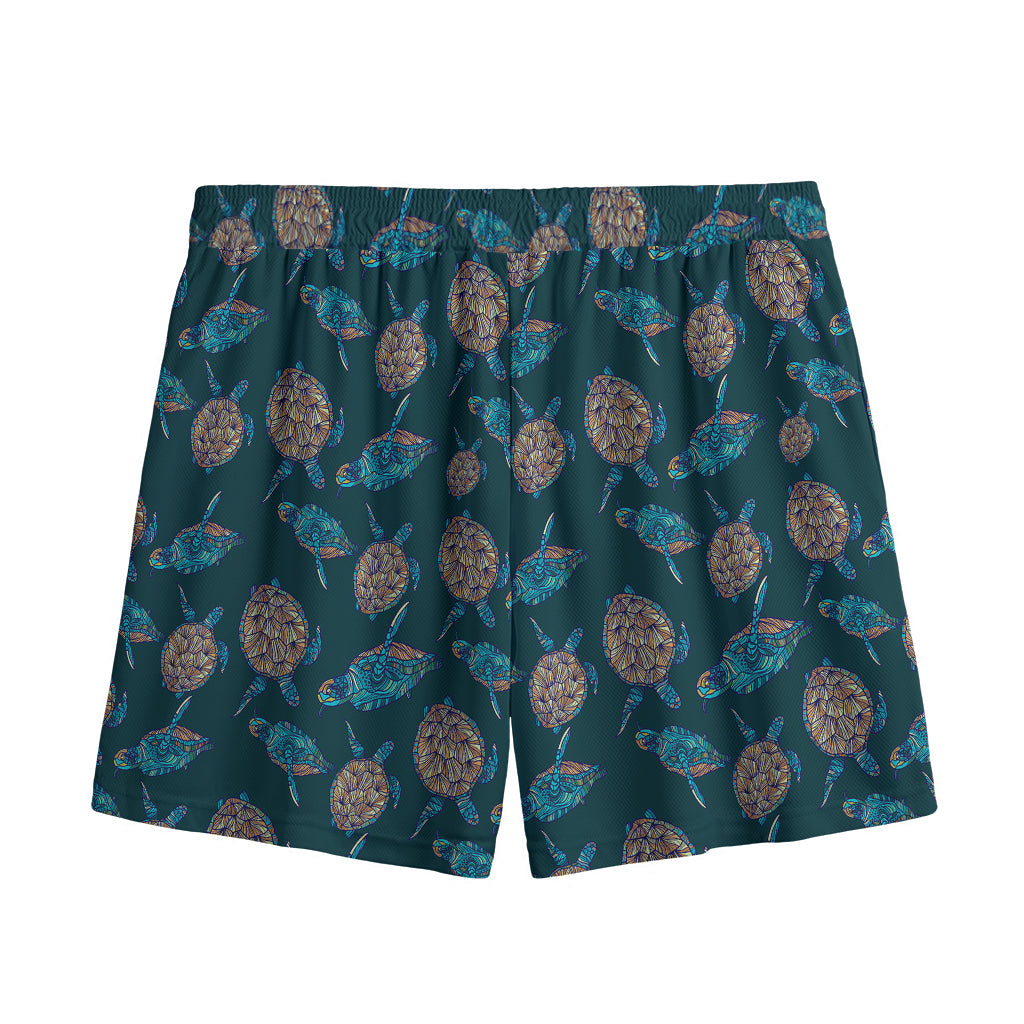 Blue Sea Turtle Pattern Print Mesh Shorts