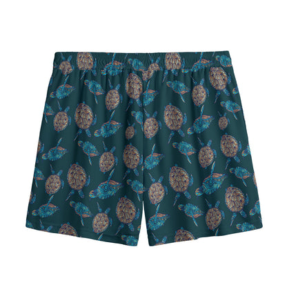 Blue Sea Turtle Pattern Print Mesh Shorts
