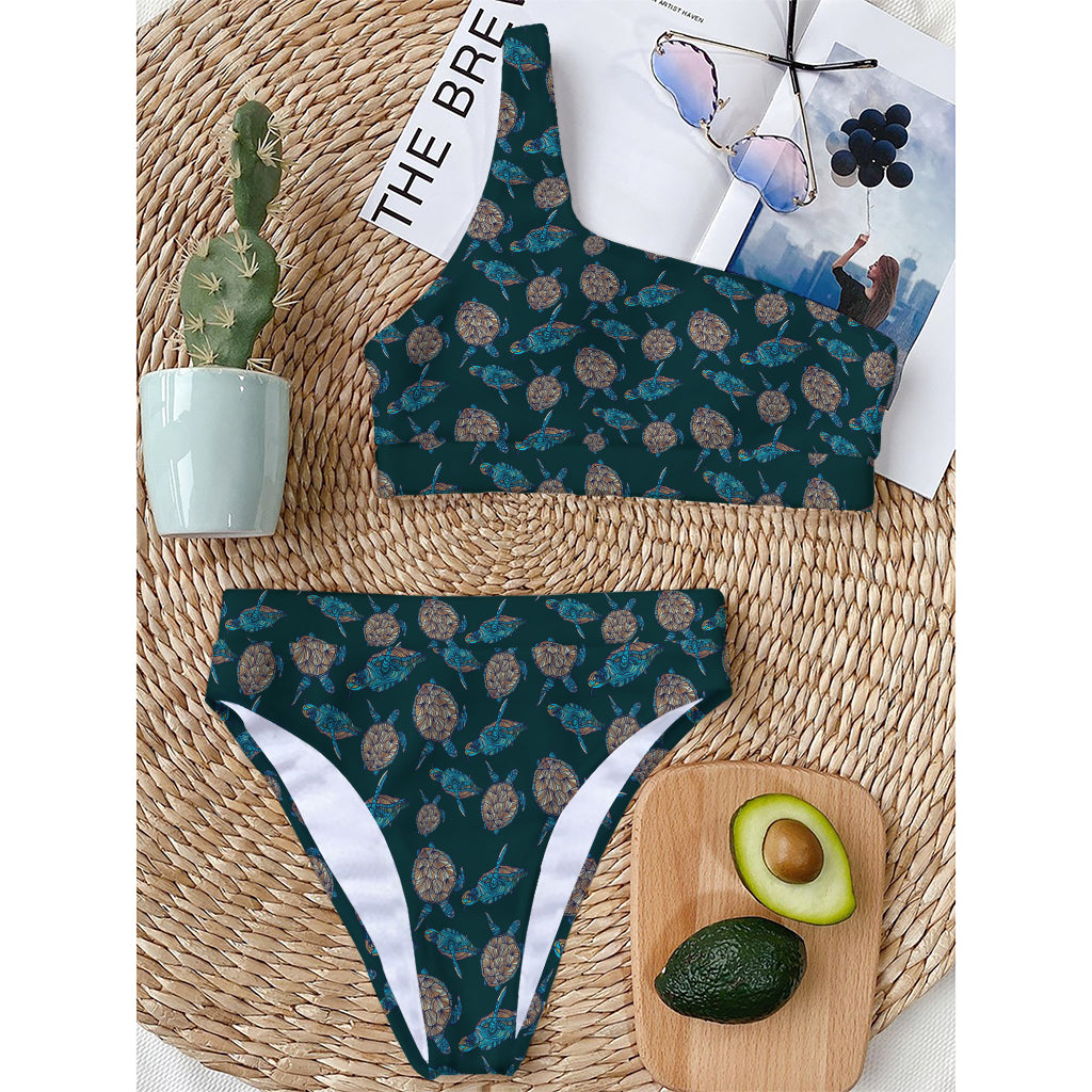 Blue Sea Turtle Pattern Print One Shoulder Bikini Top