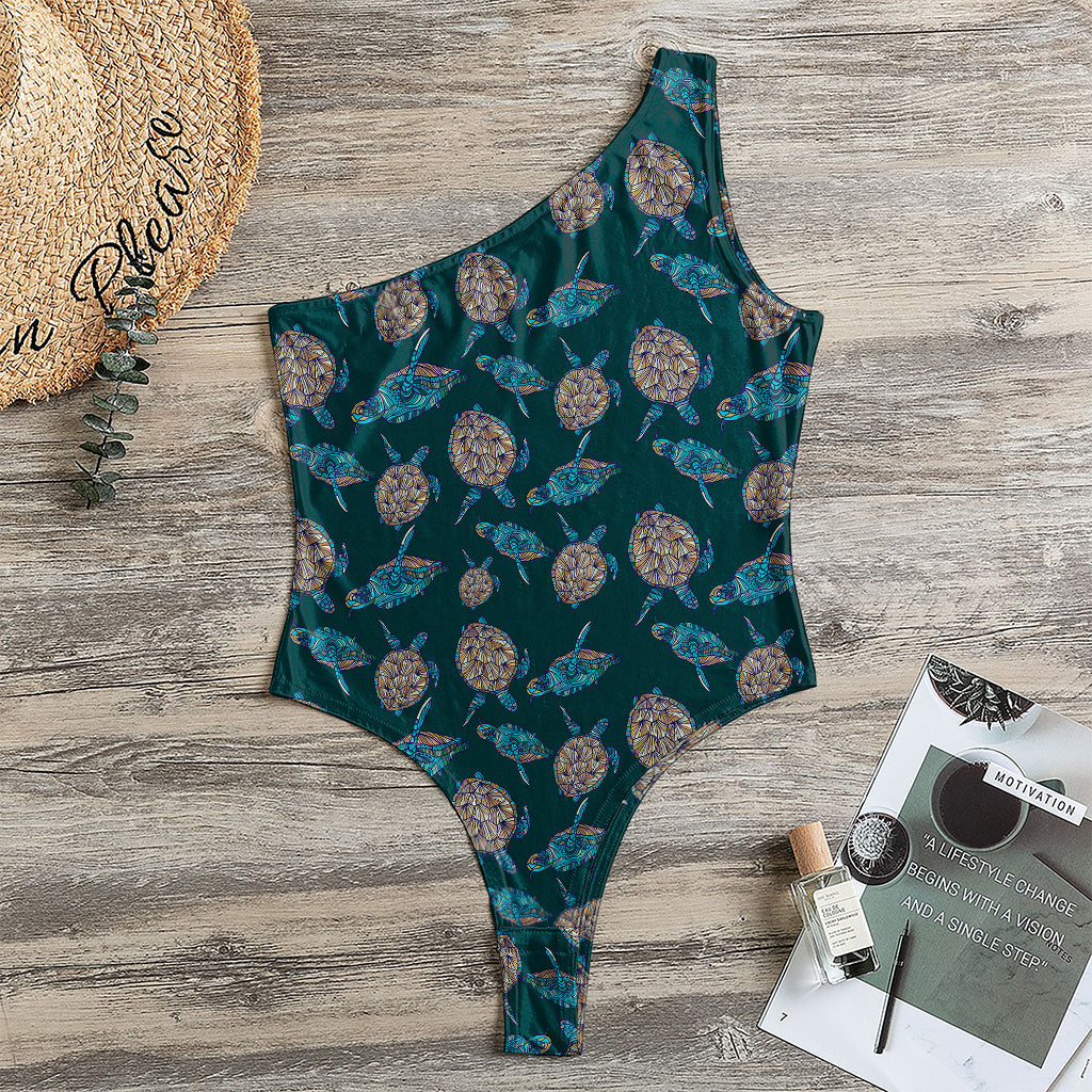 Blue Sea Turtle Pattern Print One Shoulder Bodysuit