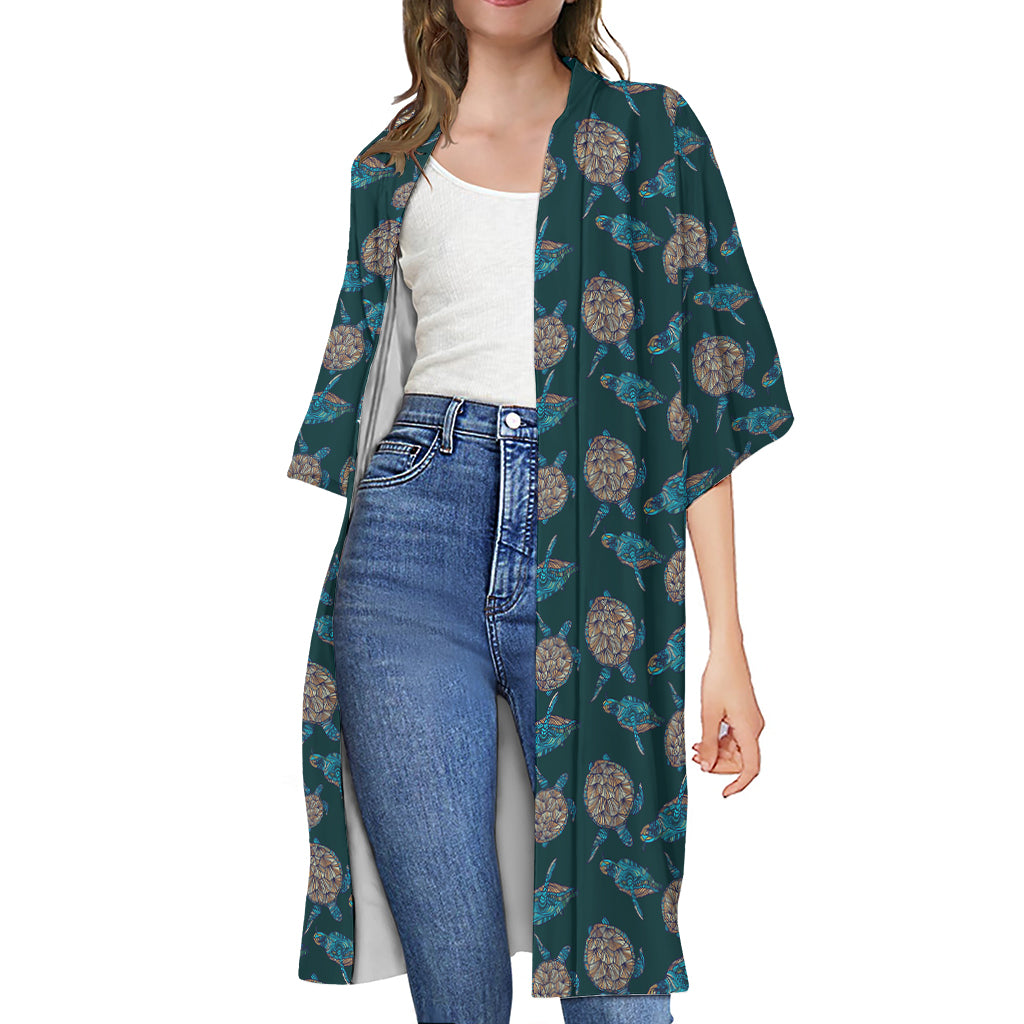 Blue Sea Turtle Pattern Print Open Front Beach Cover Up