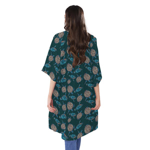 Blue Sea Turtle Pattern Print Open Front Beach Cover Up