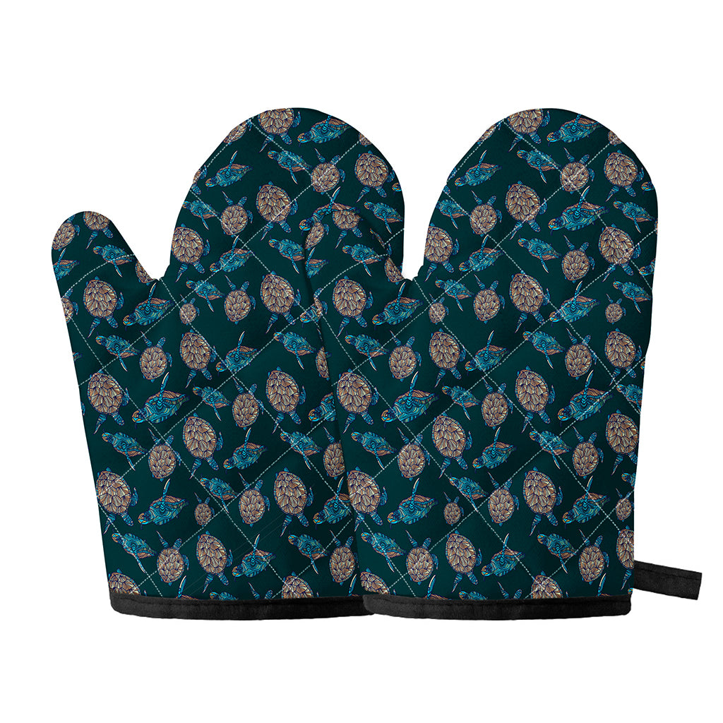 Blue Sea Turtle Pattern Print Oven Mitts