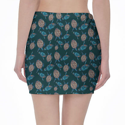 Blue Sea Turtle Pattern Print Pencil Mini Skirt