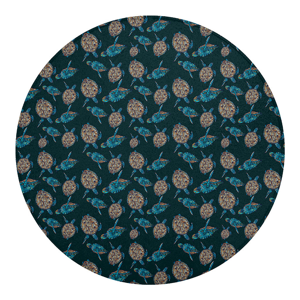 Blue Sea Turtle Pattern Print Round Blanket