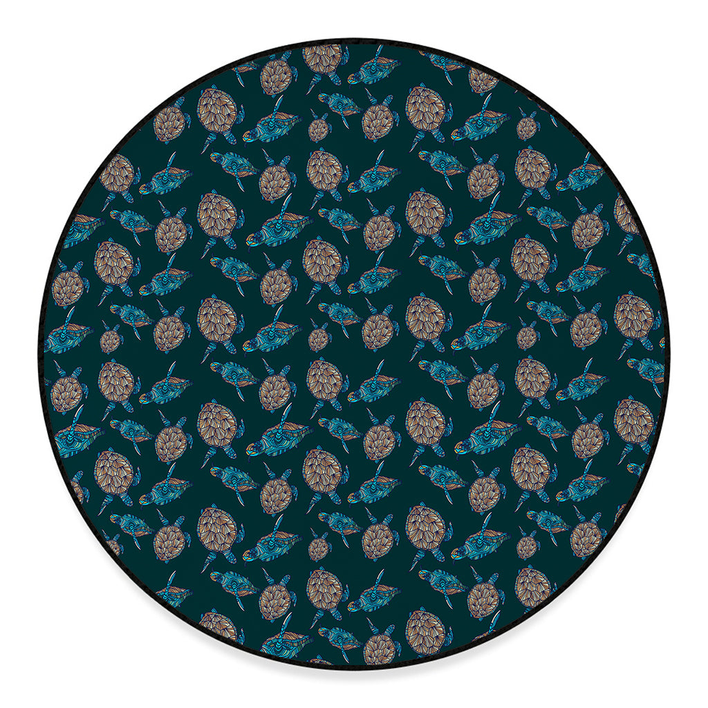 Blue Sea Turtle Pattern Print Round Floor Mat