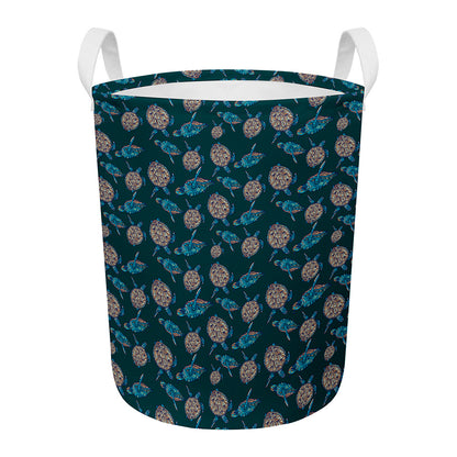 Blue Sea Turtle Pattern Print Round Laundry Basket