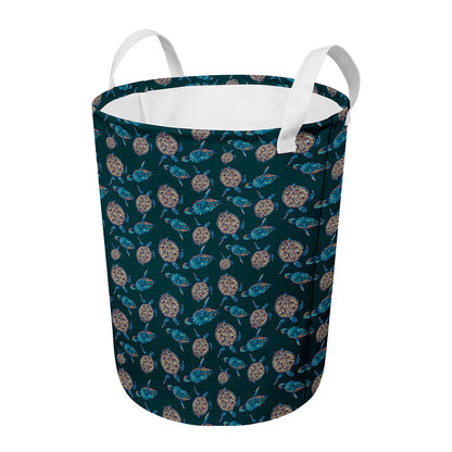 Blue Sea Turtle Pattern Print Round Laundry Basket