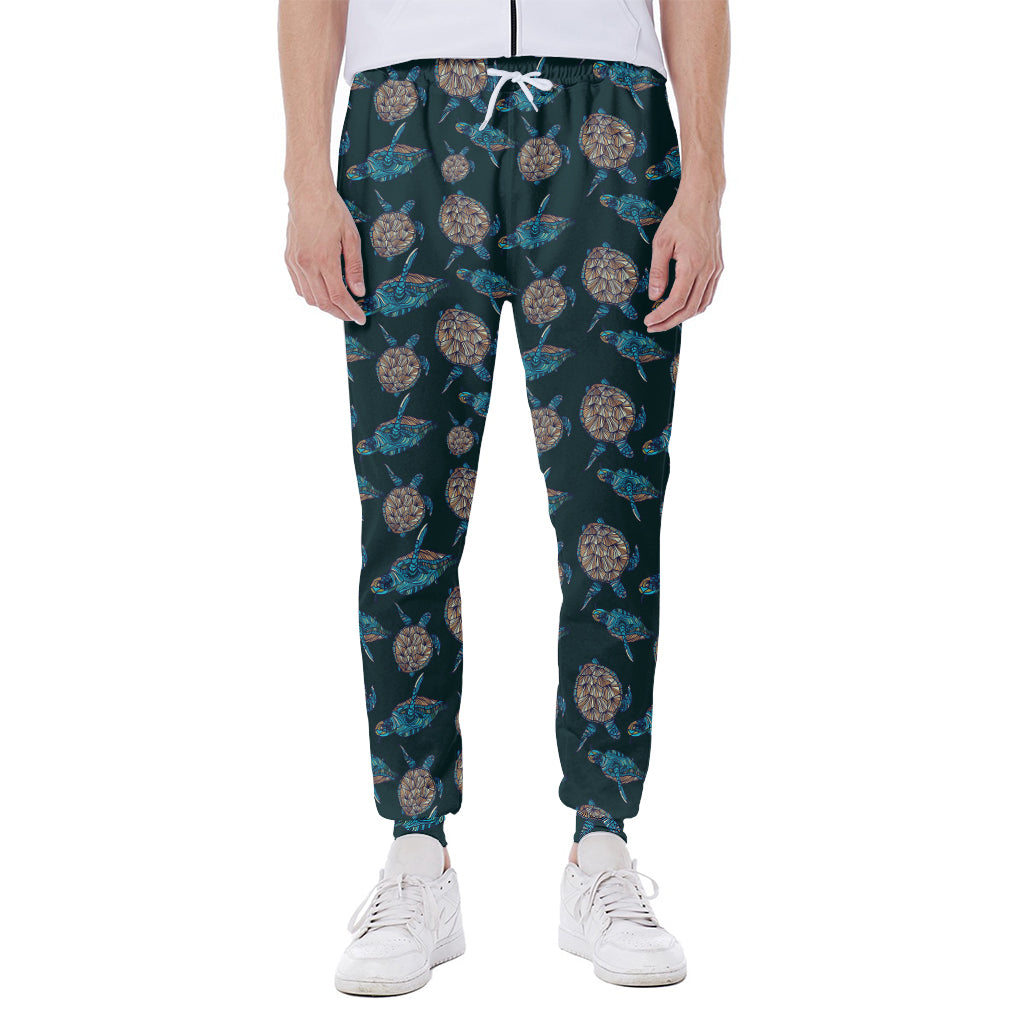 Blue Sea Turtle Pattern Print Scuba Joggers