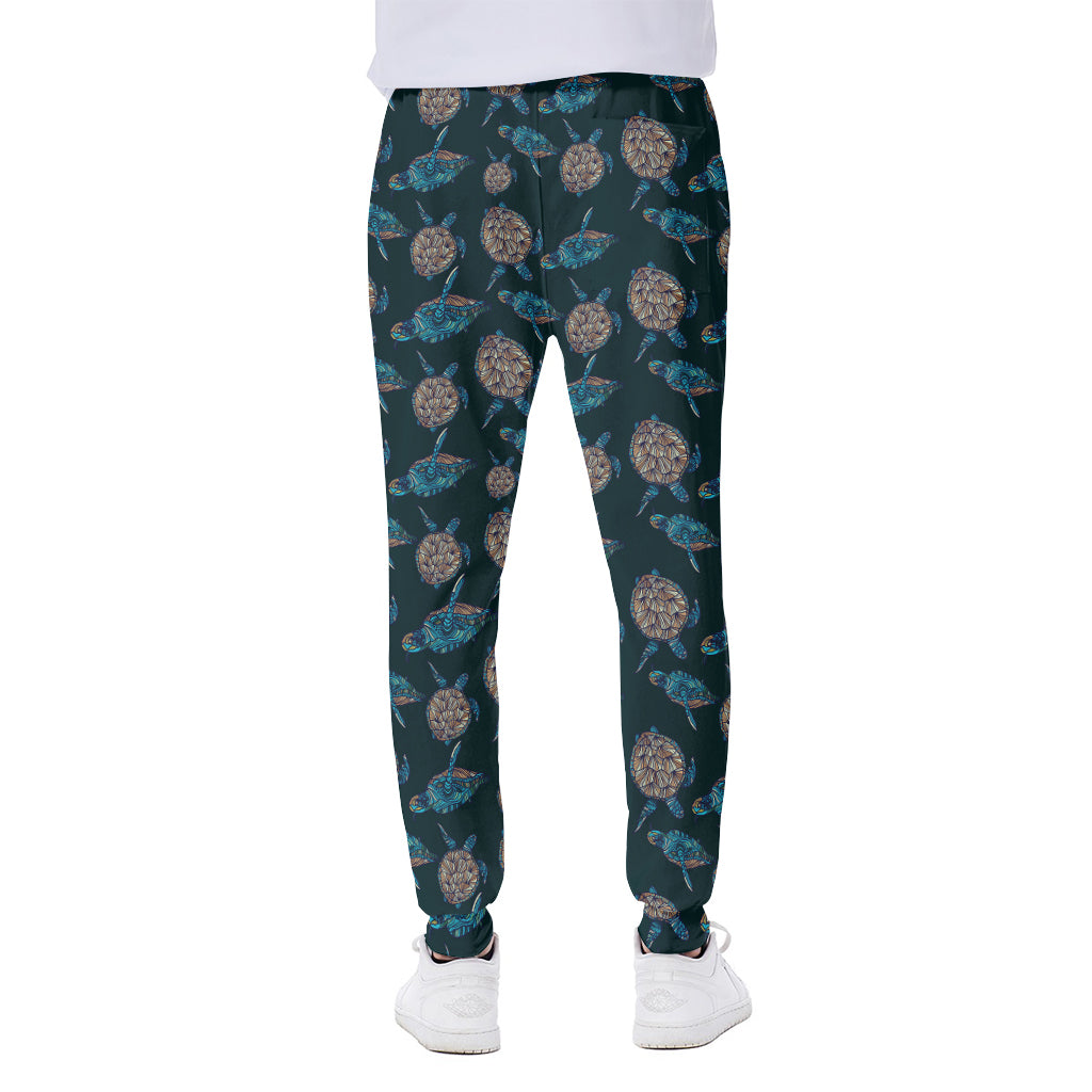 Blue Sea Turtle Pattern Print Scuba Joggers