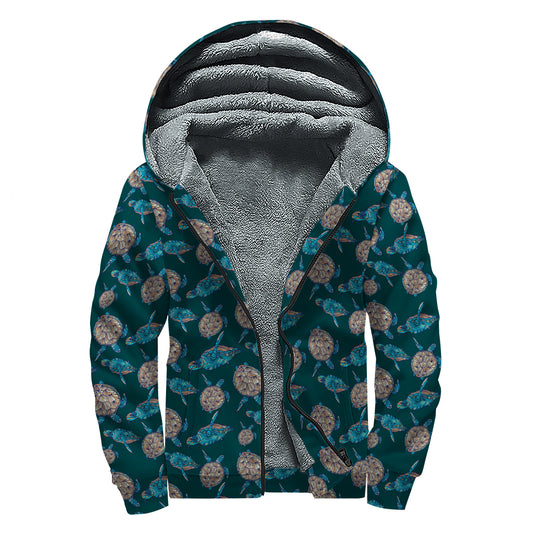 Blue Sea Turtle Pattern Print Sherpa Lined Zip Up Hoodie