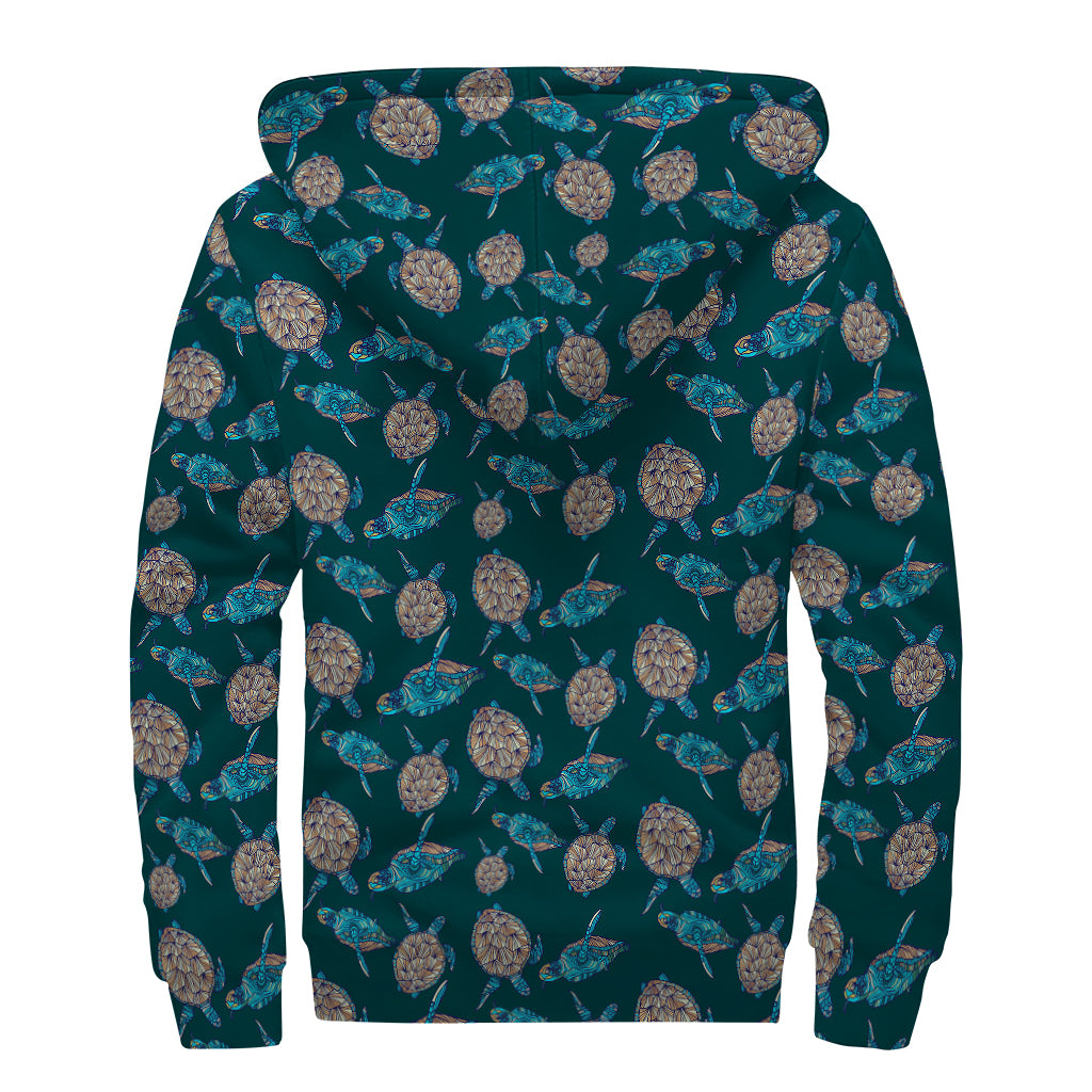 Blue Sea Turtle Pattern Print Sherpa Lined Zip Up Hoodie