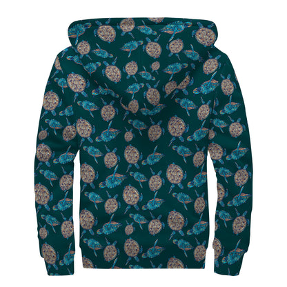 Blue Sea Turtle Pattern Print Sherpa Lined Zip Up Hoodie
