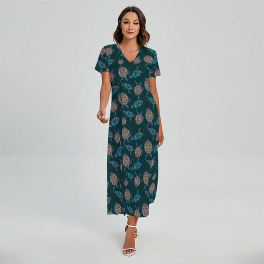 Blue Sea Turtle Pattern Print Short Sleeve Maxi Dress