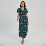 Blue Sea Turtle Pattern Print Short Sleeve Maxi Dress