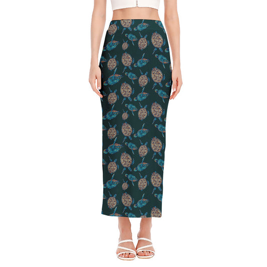 Blue Sea Turtle Pattern Print Side Slit Maxi Skirt
