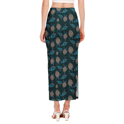 Blue Sea Turtle Pattern Print Side Slit Maxi Skirt