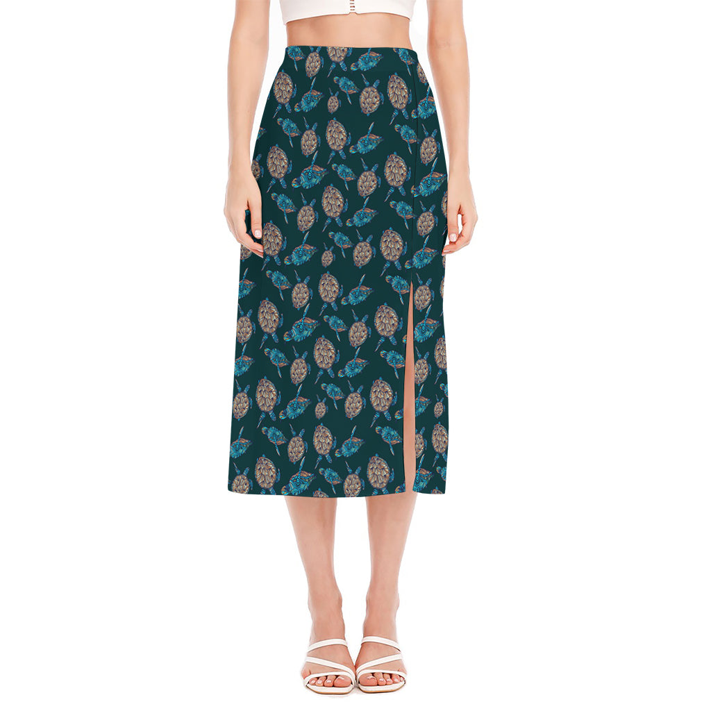 Blue Sea Turtle Pattern Print Side Slit Midi Skirt