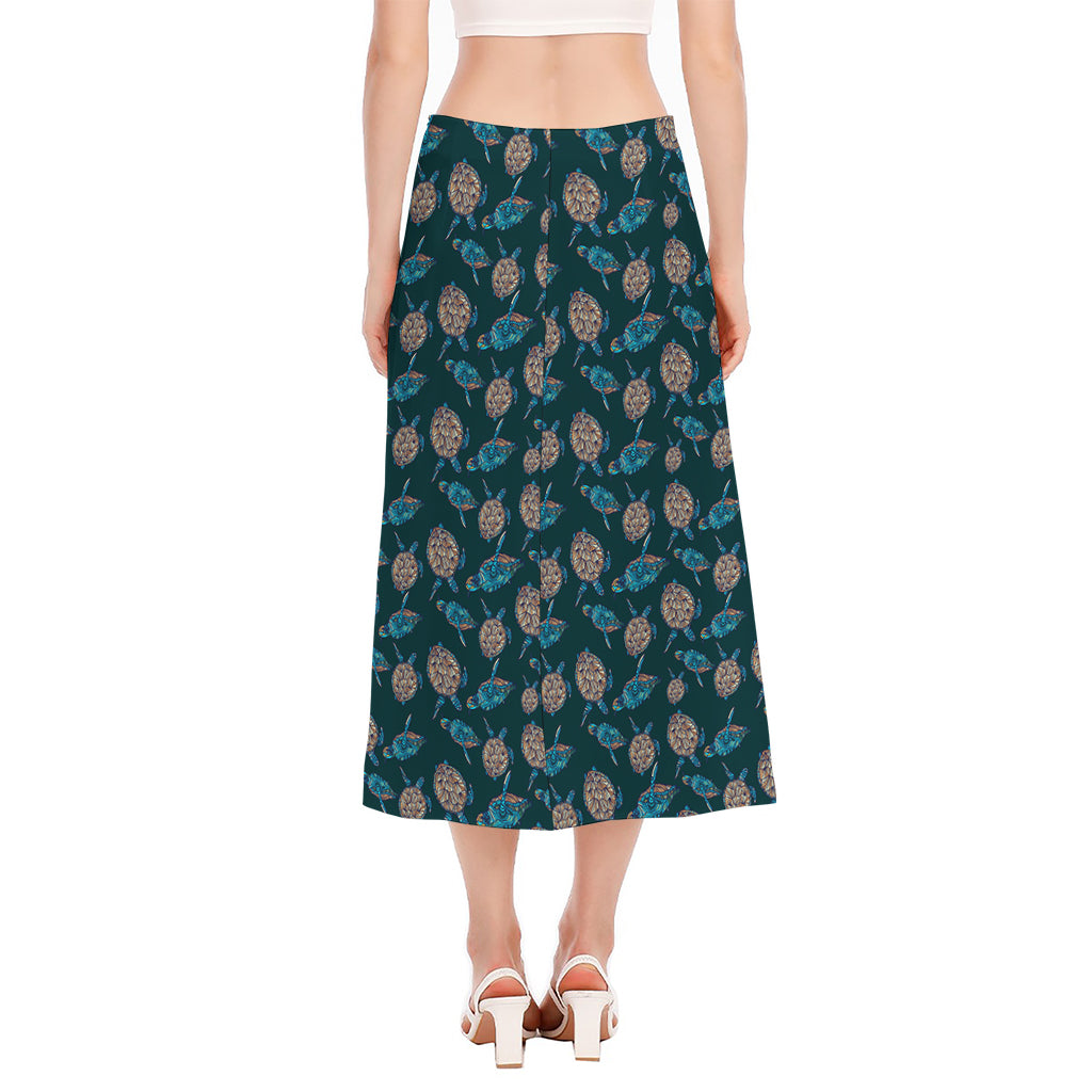 Blue Sea Turtle Pattern Print Side Slit Midi Skirt