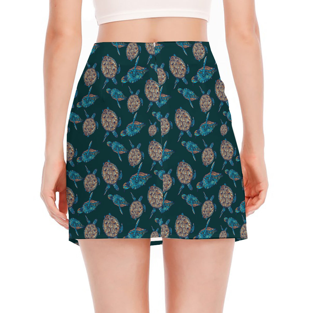 Blue Sea Turtle Pattern Print Side Slit Mini Skirt
