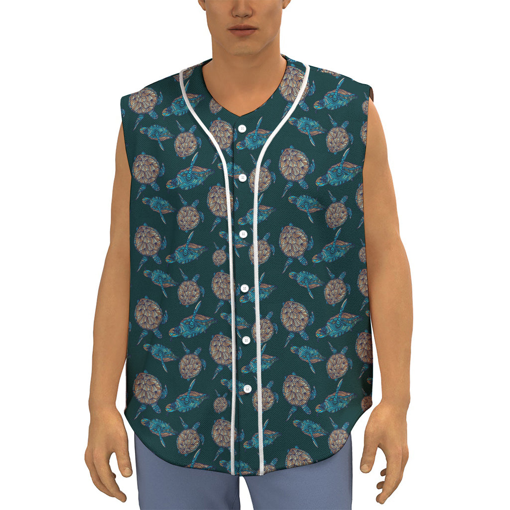Blue Sea Turtle Pattern Print Sleeveless Baseball Jersey